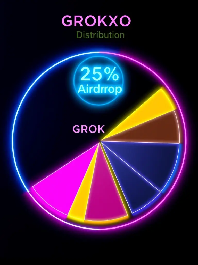 A pie chart vividly illustrating the token allocation of GROKXO, with 25% allocated to Airdrop, depicted in a bright neon blue segment.