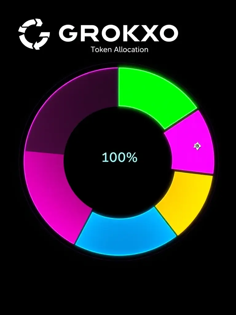 A pie chart vividly illustrating the token allocation of GROKXO, with 40% allocated to Presale, depicted in a bright neon green segment.